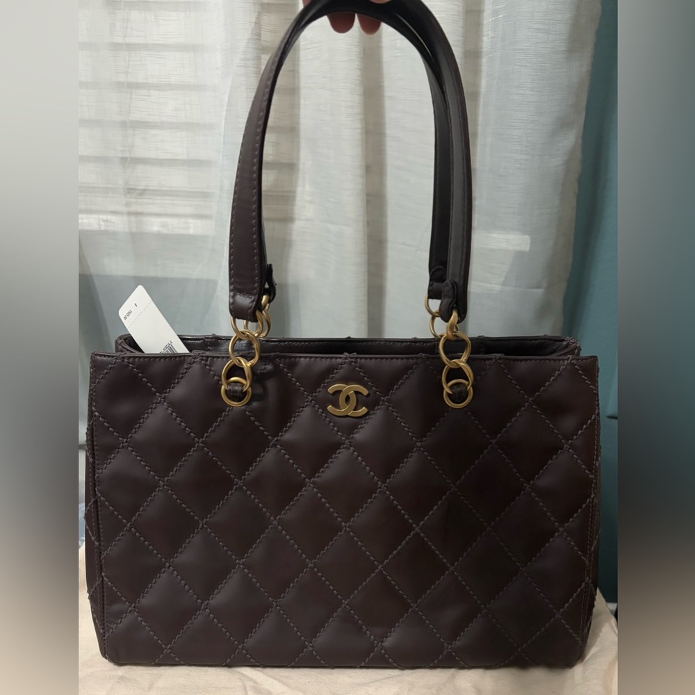 Chanel Dark Brown Glazed Leather Wild Stitch Quilted Tote Shoulder Bag